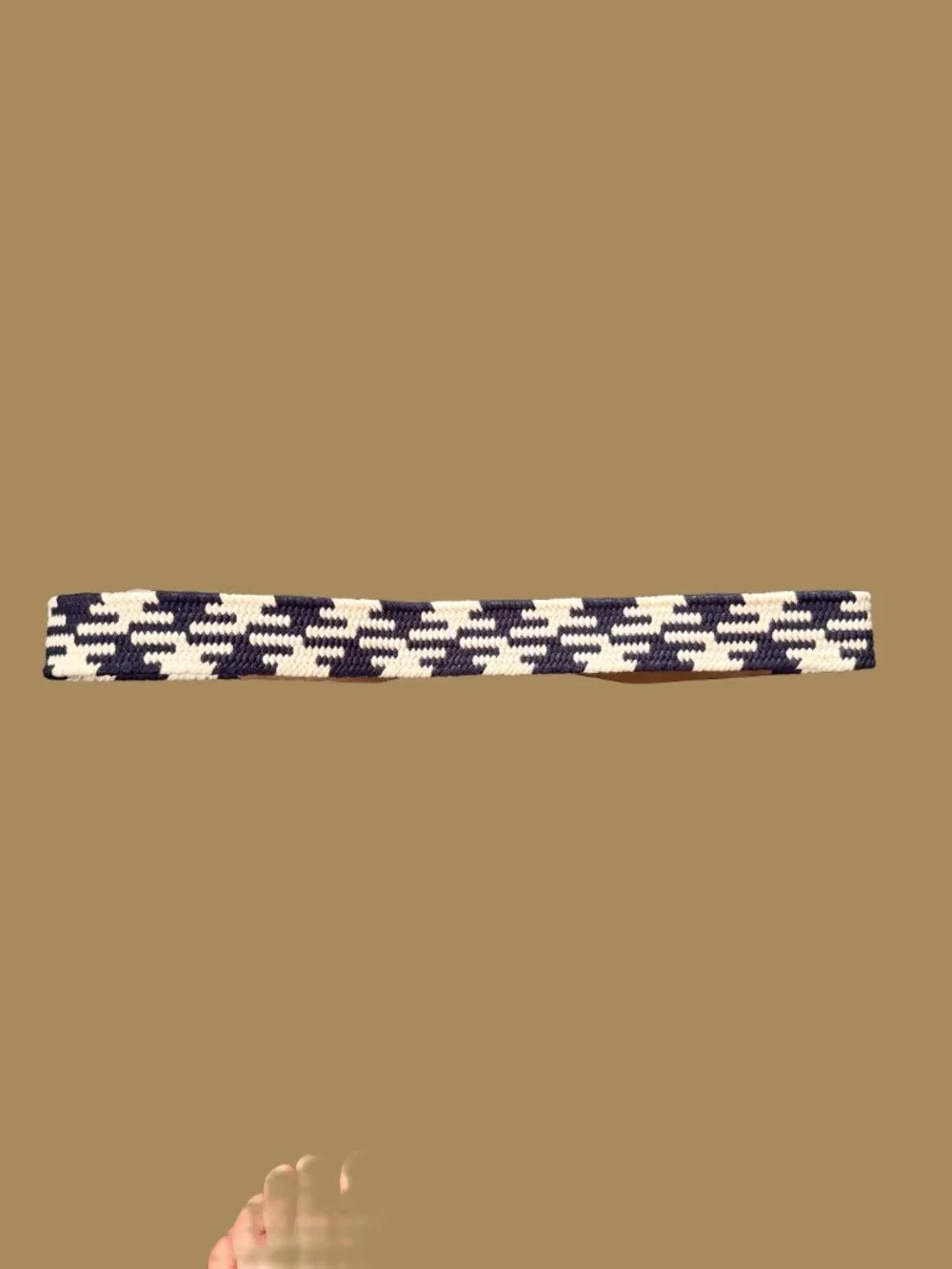 J.Crew Navy Cream Woven Stretch Belt Leather Tab Brass Buckle - Picture 4 of 4